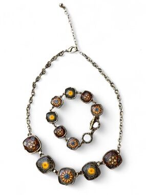 Handmade Floral Millefiori Glass Necklace and Bracelet Set - Yellow & Brown